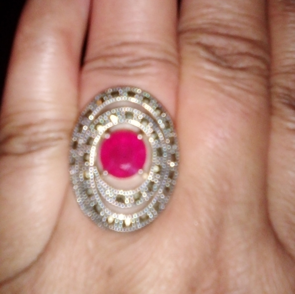 RED RUBY RING WITH MARCASITE .